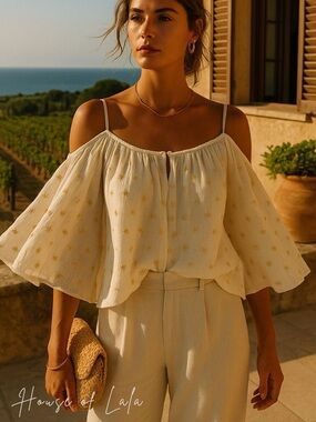 Ralph Lauren Cream Drop Shoulder Boho Peasant Blouse with Gold Accents